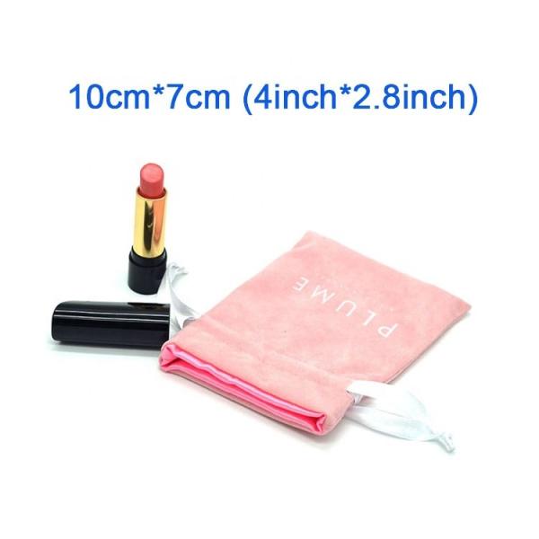Soft Pink velvet drawstring bag with satin lining and customized white logo for lipstick packing