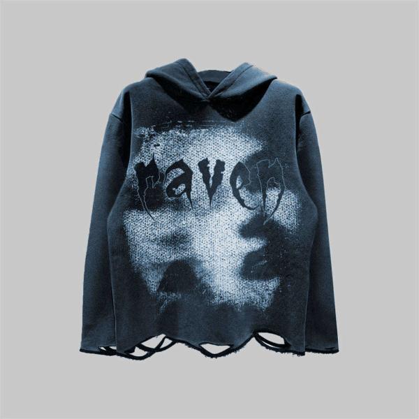 Cotton Fabric Unisex Distressed Hoodie Screen Print French Terry Pullover
