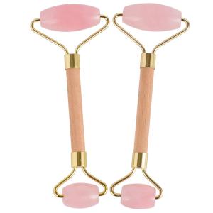 145*55*22MM Rose Quartz Double Face Roller Wood Handle Jade Face Massager