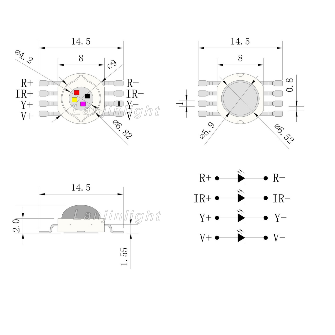 PBMT Multi Color Combined 12w High Power LED 630nm / 590nm / 420nm / 850nm For LED Light Therapy