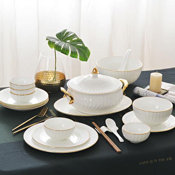 Gold line White Bone china embossed tableware Wedding Ceramic charger plate Dinner plate dish bowl mug coffee cup freely