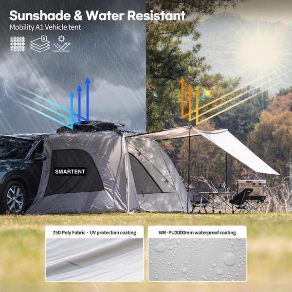 2.49*3.20*1.91M Portable Grey Car Camping Tent Waterproof PU3000MM Coated Polyester Fabric For Outdoor Adventure