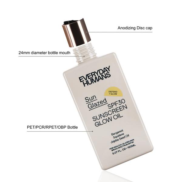 150 ml de creme solar plástico Glow Oil Bottle Body Lotion recipiente com tampa de disco anodizante