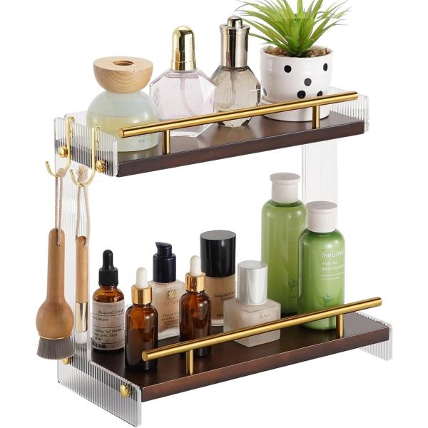 Wooden Bathroom Vanity Countertop Organizer for Cosmetics and Skincare 2 Tier Dresser
