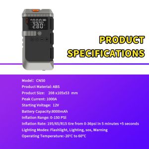Portable 8000mAh Jump Starter with 150 PSI Tire Inflator and 12V Vehicle Support for Emergency Power