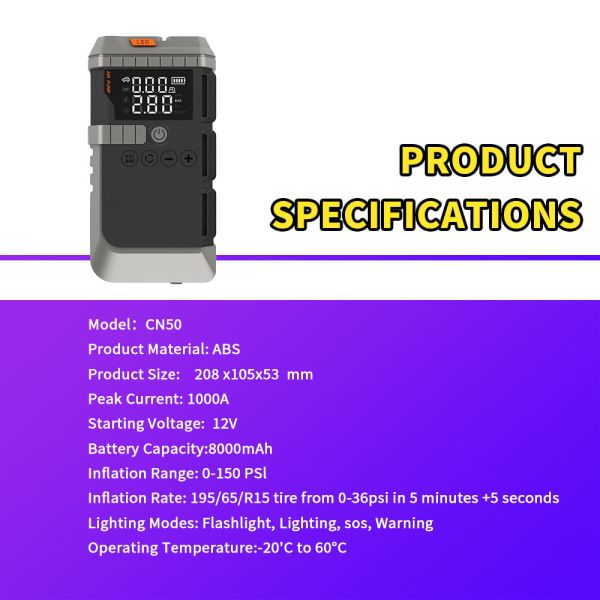 Portable 8000mAh Jump Starter with 150 PSI Tire Inflator and 12V Vehicle Support for Emergency Power