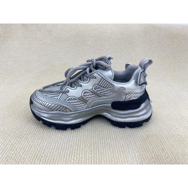 Fashion Comfort Sneakers With Mesh Upper Authentic Leather And Lacing Silver