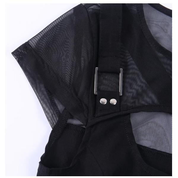 European and American modern punk style dark black sexy mesh stitching perspective hollow dress