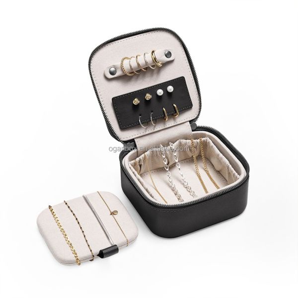 OEM Custom Logo Leather Jewelry Travel Box Portable Ring Zipper Velvet Storage Case