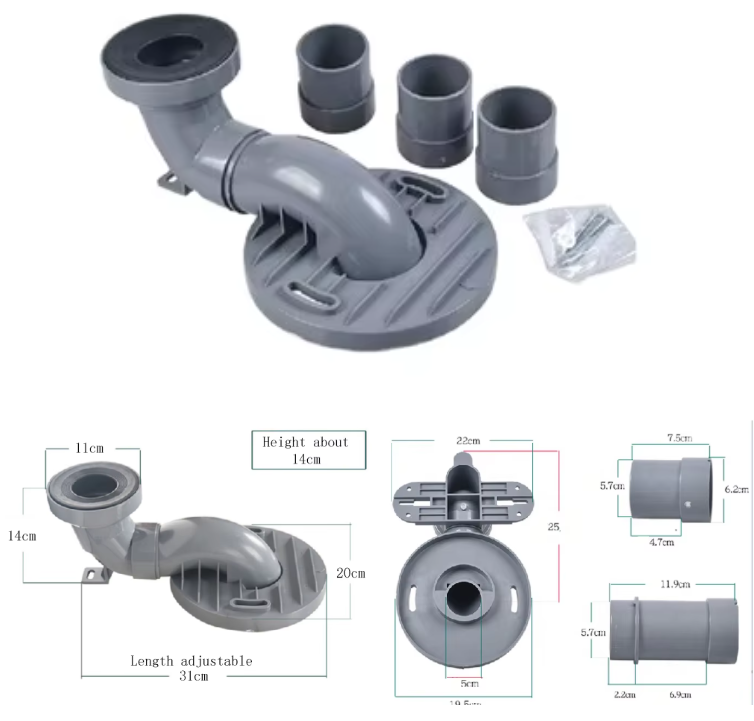 Grey PVC Toilet Drain Valve, Bathroom Flushing Pipe, Toilet Pipe, Sewage Pipe
