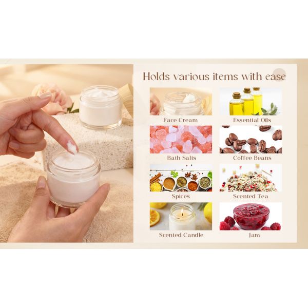 Glass Jars With Lids Clear Small Jars With Plastic Woodgrain Lids, White Labels And Inner Liners Empty Round Cosmetic Containers For Creams Lotions Candle Making (Clear)