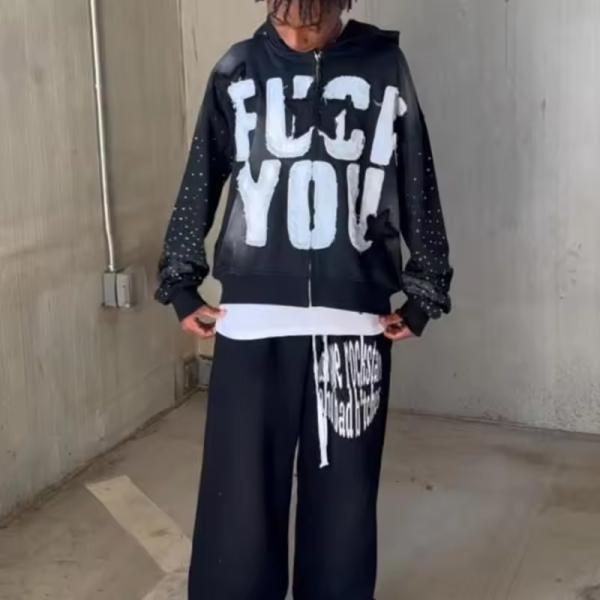 Custom Applique Embroidery Distressed Hoodie Rhinestone Zip Up Jacket Acid Wash Vintage Washed Men Fleece Streetwear Hoodie
