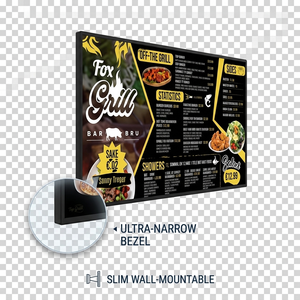 QM-5515GPW 55 Inch 4K Ultra HD Digital Menu Board with Ultra Narrow Bezel and Cloud CMS Management for Restaurants