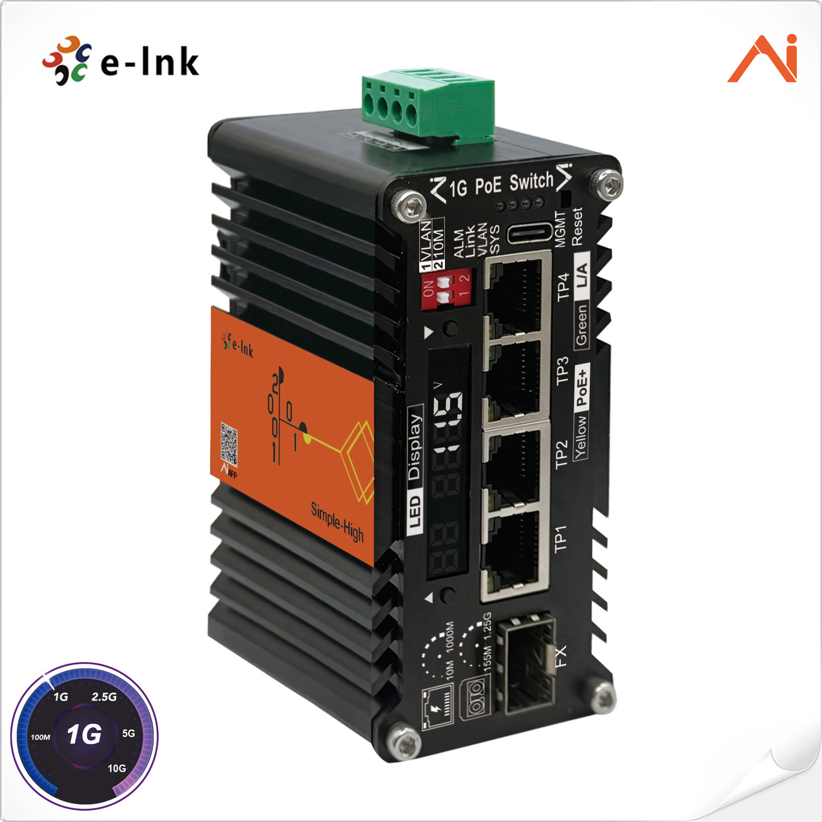 4-Port 10/100/1000Base-T IEEE802.3at PoE+ 30W to 1-Port 100/1000BASE-X 
Mini Industrial AI Smart Managed PoE+ Ethernet Switch with Voltage Booster