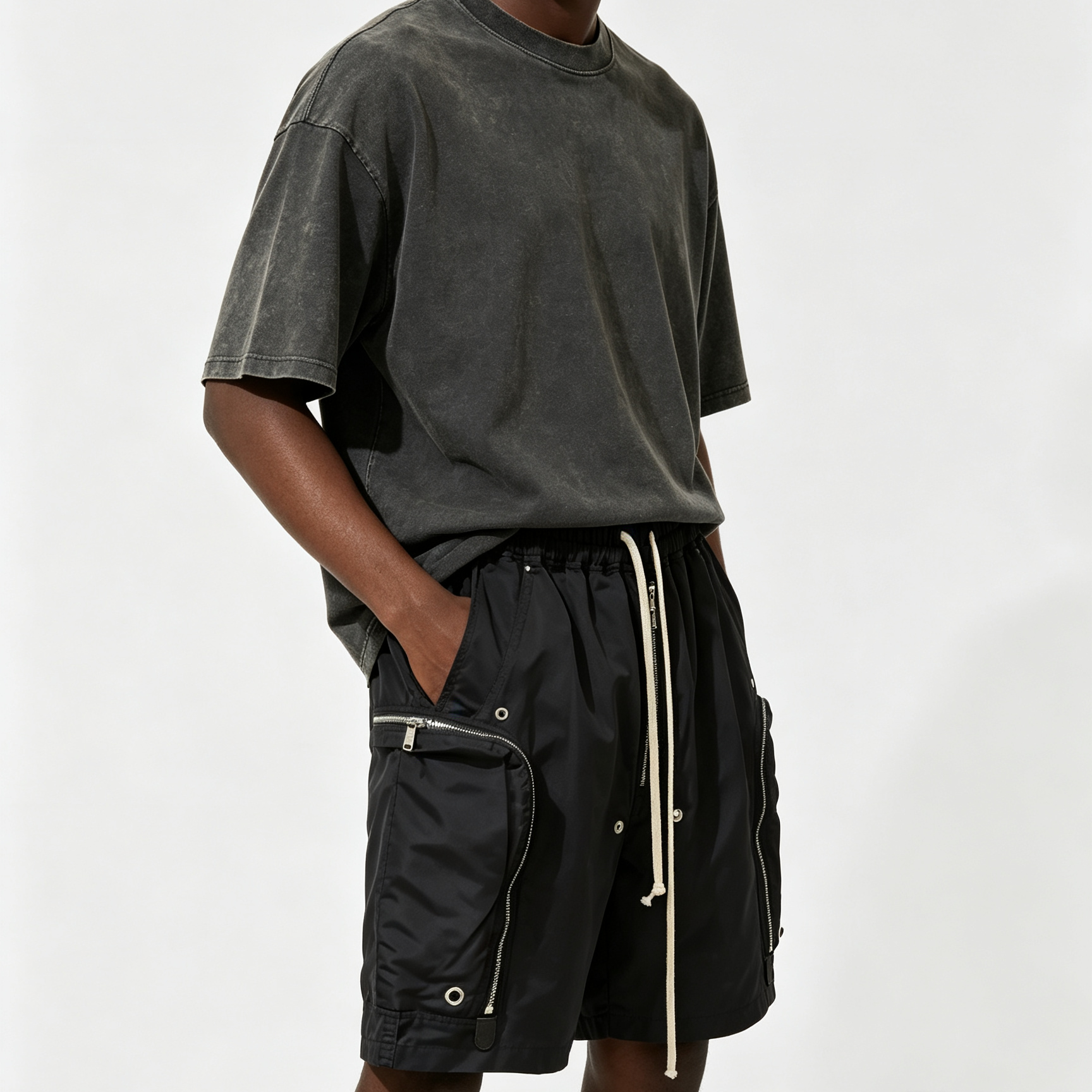 Dark Sports Sweat Shorts Multi Zipper Mens Drawstring Cargo Shorts RO Style