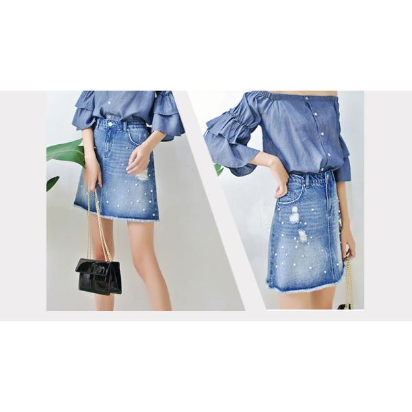 Washed Ladies Denim Pearls A Line Jean Skirt With Hole , Blue Jean Mini Skirt