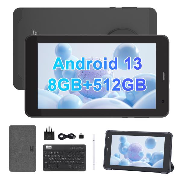 C アイデア 7インチタブ, 8GB RAM, 512GB ストレージ, SIM スロット, Android 13 タブレット PC for Students CM518pro 黒