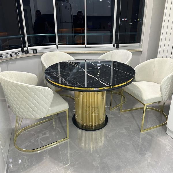 Modern Gold Stainless Steel Dining Table with Circular Pedestal Marble Home Villa Hotel Wedding Stylish Contemporary Furniture