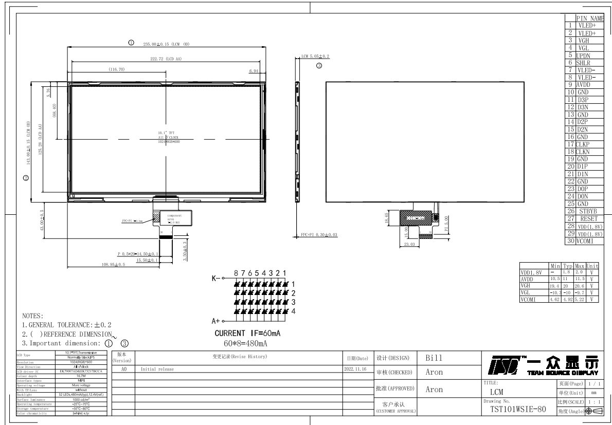 10,1 тип модуля дисплея IPS TFT LCD дюйма нормально черный Transmissive