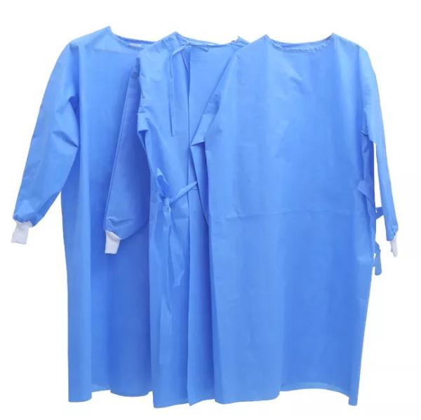 Cor azul impermeável do vestido cirúrgico da tela do PE de SMS PP dos punhos da malha