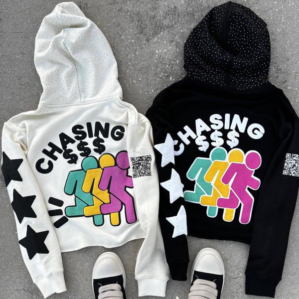 Rhinestone Black 3d Custom Puff Print Hoodie Pullover 100% Cotton Heavyweight Boxy Oversized Men