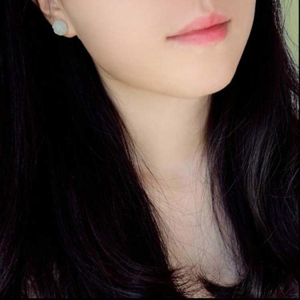 Sterling Silver 925 Natural Jade Engraved Flowers Stud Earring (TRS30897)