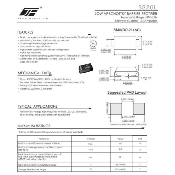 Alloy Structure SS26L Low Forward Schottky Diode for High Temperature Environments