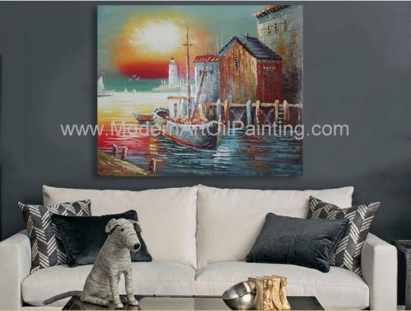 Sunrise Senery Orange Boats Oil Painting Sailboat Canvas Art For Parlour