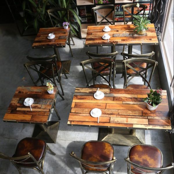 Customized Retro Industrial Fast Food  Furniture Wooden Cafe Restaurant Tables and Metal Leather Chairs