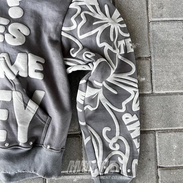Custom Zip up Rhinestone Hoodies Acid Wash Gray Vintage Puff Print Hoodie Heavyweight Drop Shoulder Men's Hoodies & Sweatshirts
