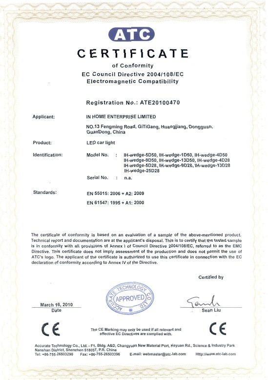 IN HOME LIGHTING LIMITED Certifications