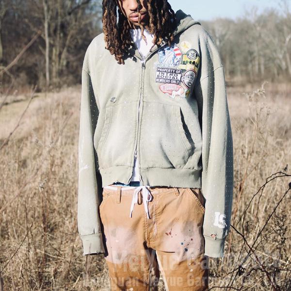 Parche bordado Distressed Zip Up Hoodie de algodón Francés Terry Hoodies Unisex