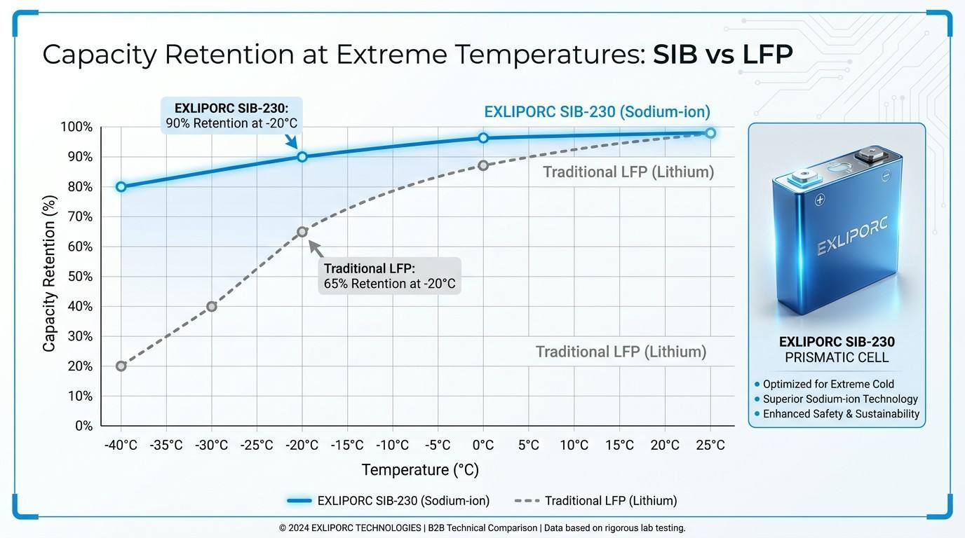 EXLIPORC SIB-230 Sodium-ion Cell with Non-flammable Chemistry, 90% Capacity at -20 °C, and 6000+ Cycles at 80% DOD