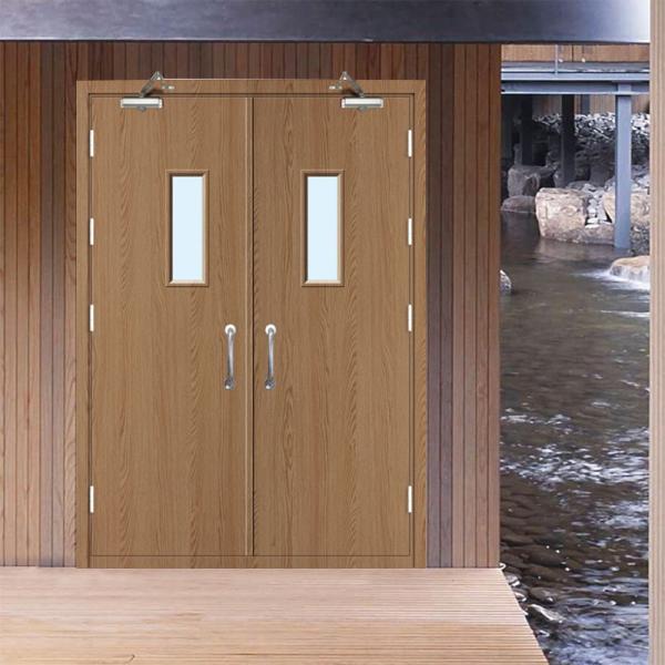 Factory Direct Sales Wood Grain Steel Main Gate Design Double Fire Door with Smart Lock