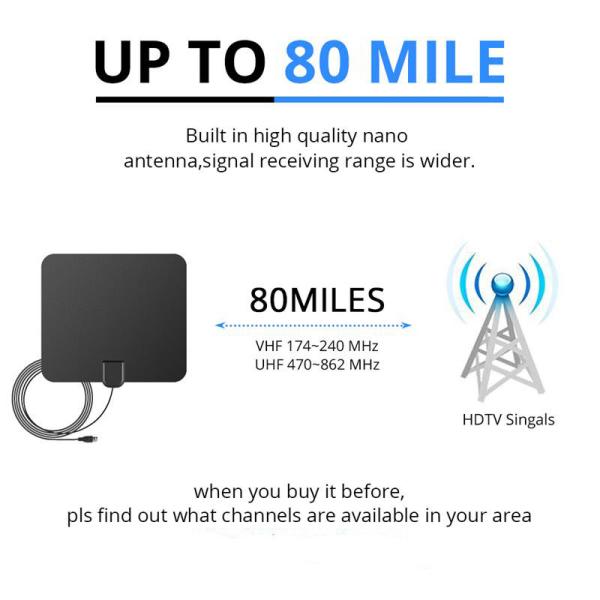 4K HD VHF UHF Freeview Support All TV - 13ft Coax Cable Balck Indoor HDTV Antenna