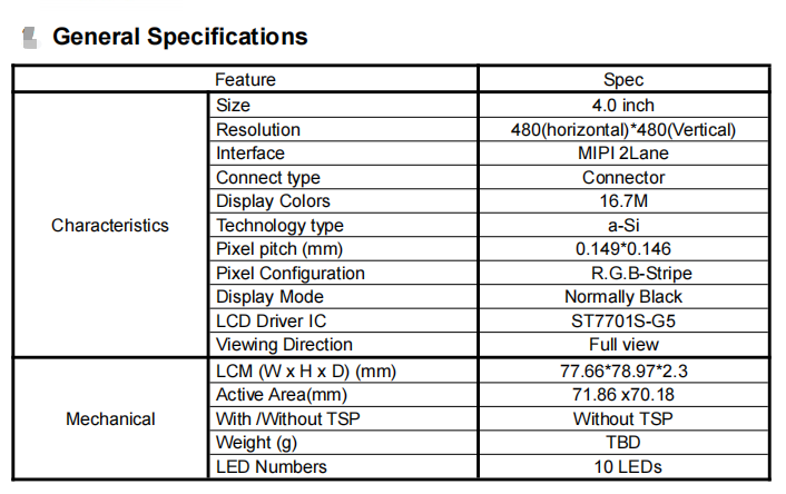4.0Inch квадрат TFT показывает экран LCD квадрата интерфейса 350nits 480*480 Mipi