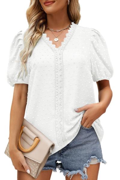                  Female Tops and T-Shirt Custom Cotton Lace Shirt Short Sleeve Compression Embroidered Shirt             