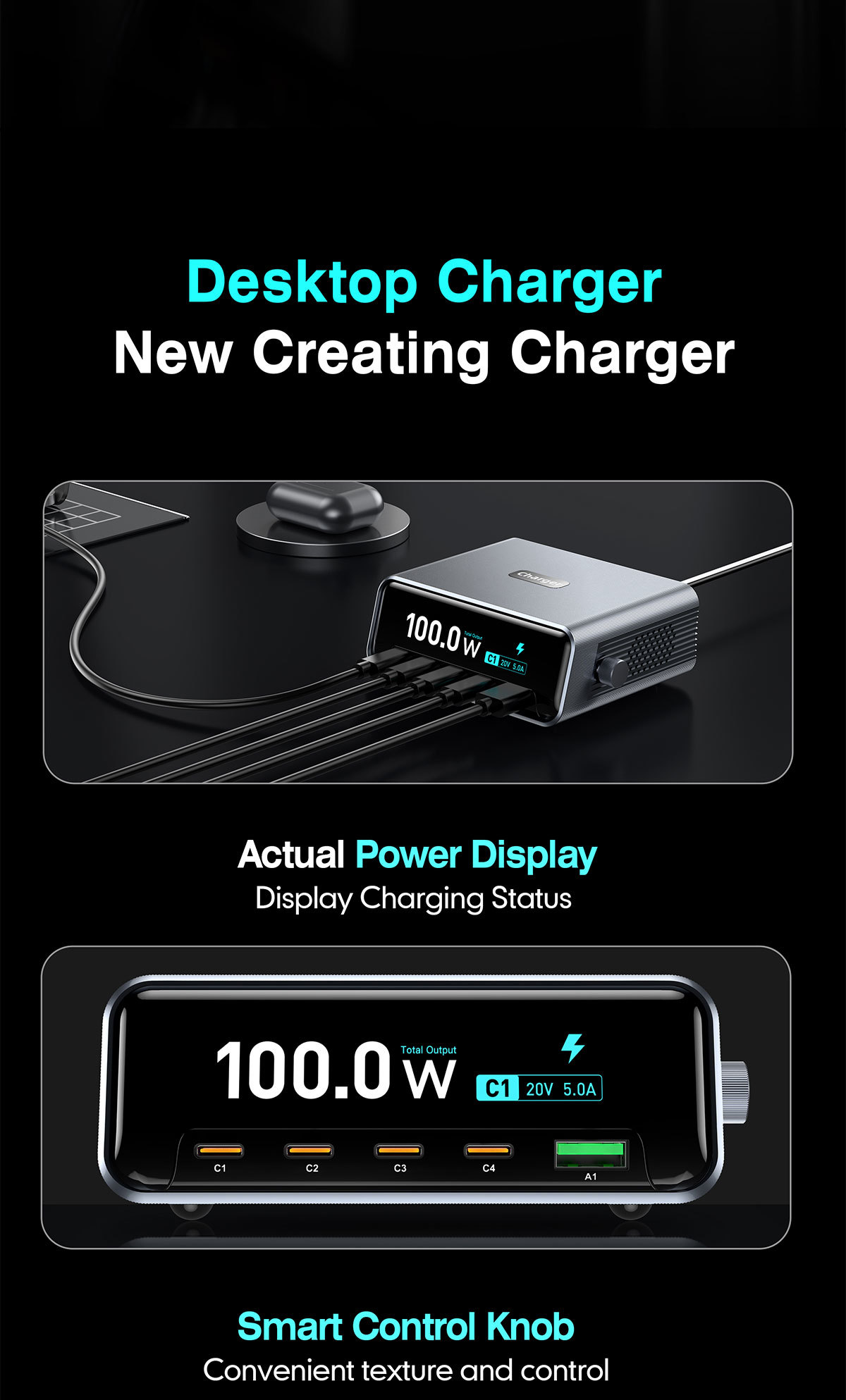 100W GaN Fast Charging Station 5 Port Desktop USB C Charger 4 Type C and 1 USBA Fast Charging Hub