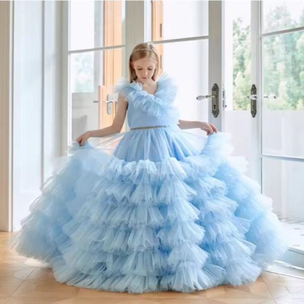 Summer Girl Clothing Blue Flower Tutu Long Wedding Dress Flower Girl Puffy Birthday Dresses Child