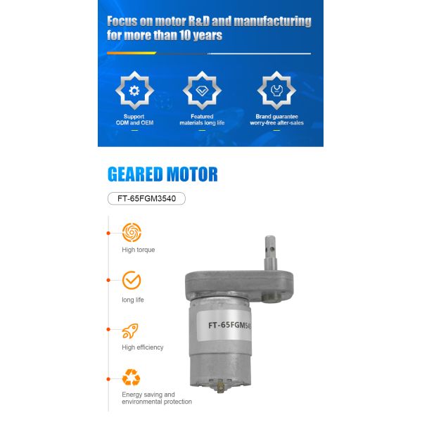 Brushed DC Flat Gear Motor Low Noise 12V DC Gear Motor FT-65FGM545