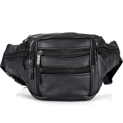 Black Men Leather Travel Waist Bag Lining 210 D 4 Zipper Pocket Adjustable Strap