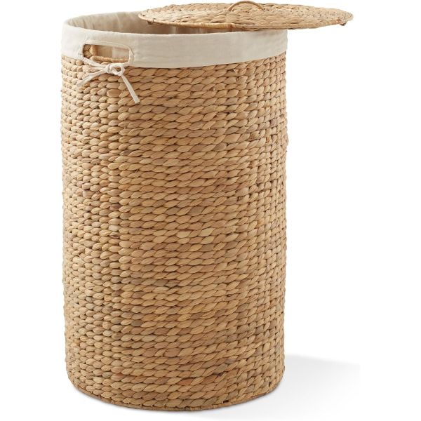Round Laundry Hamper With Lid And Removable Liner Bag - Natural, Woven Water Hyacinth Wicker Laundry Basket For Clothes And Towels