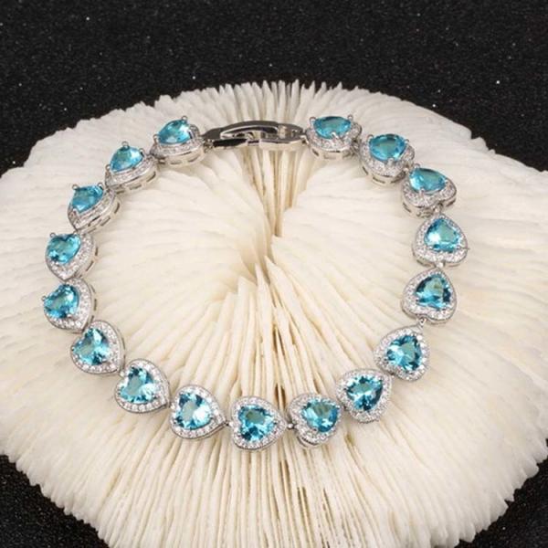 Fashion Platinum Plated Links Chain Heart Shape Blue Cubic Zirconia Tennis Bracelet (JDS949BLUE)