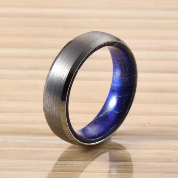 Sample Making 6mm Brushed Silver Tungsten Carbide Rings Inlay Blue Purple Box Elder Wood Flat Dome Beveled Edge Wedding Band