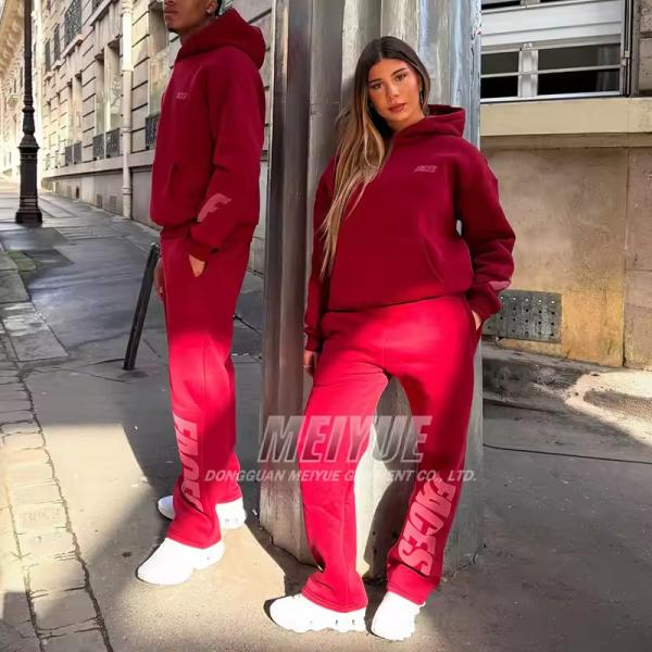 Custom Clothing Manufacturers Pullover Embroidery logo Hoodie Puff Print Stacked Baggy Sweatpants Cotton Tracksuit Set