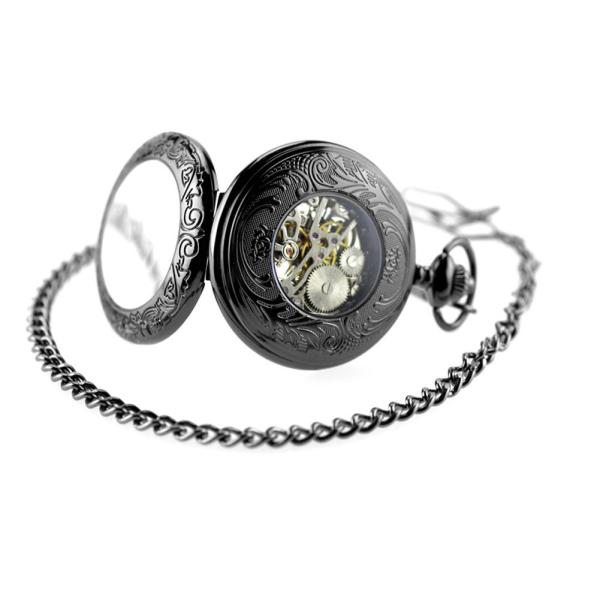 Pocket watch with automatic movement , Retro Vintage Smooth Black Quartz Pocket Watch With Chain