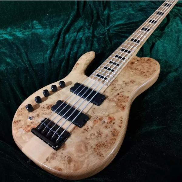 Custom Natural Burl Color One Piece Neck Through 5-Strings Left Handed Electric Bass Guitar