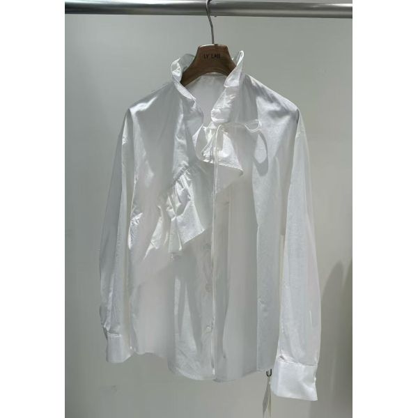 Spring And Summer Thin White Sky Blue 100% Pure Cotton Ruffled French Shirt