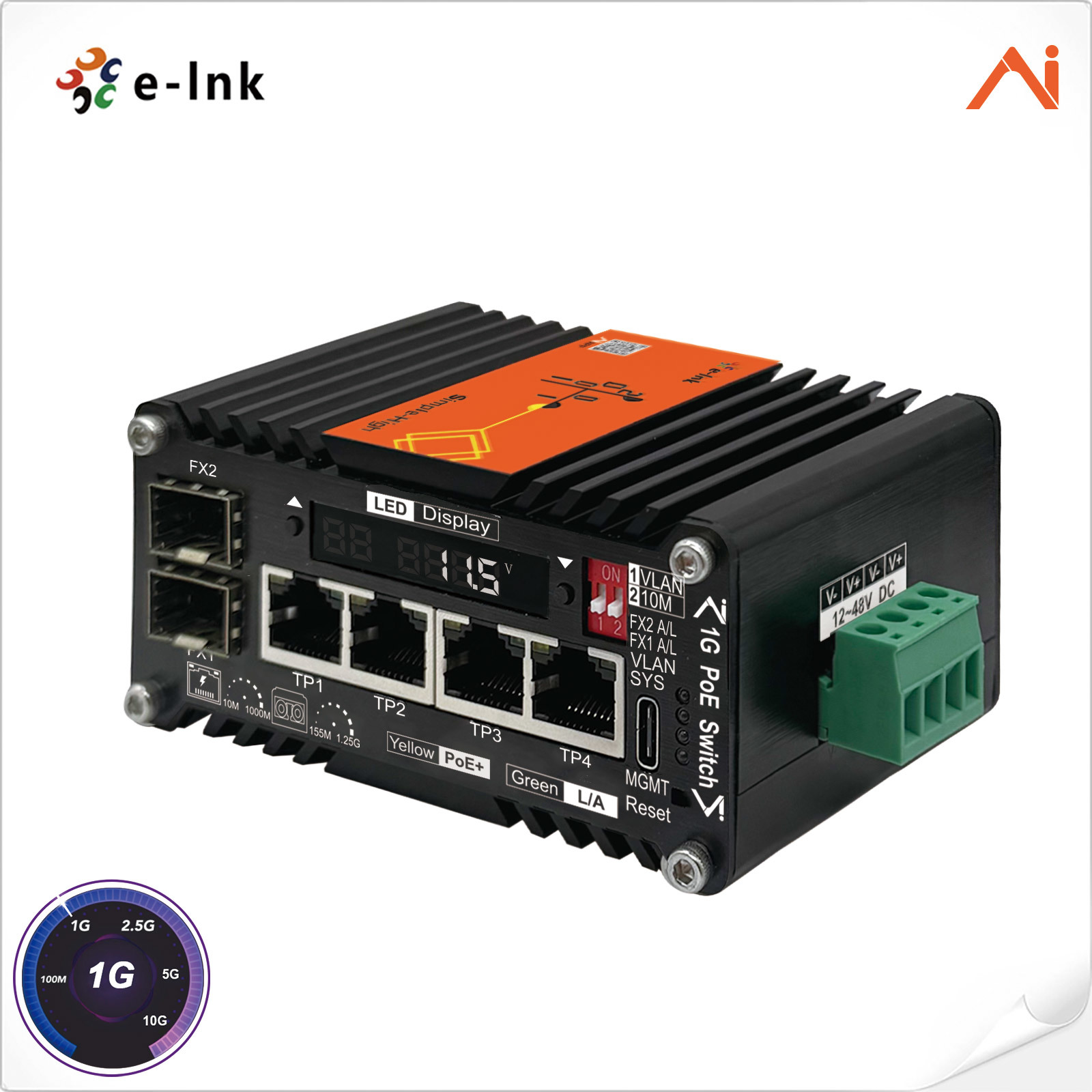 4-Port 10/100/1000Base-T IEEE802.3at PoE+ 30W to 1-Port 100/1000BASE-X 
Mini Industrial AI Smart Managed PoE+ Ethernet Switch with Voltage Booster