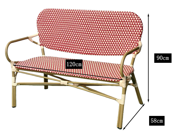 Outdoor French Bistro Rattan Sofa Bench Chair Rattan Restaurant Sofa Burgundy Red for Hotel Resort